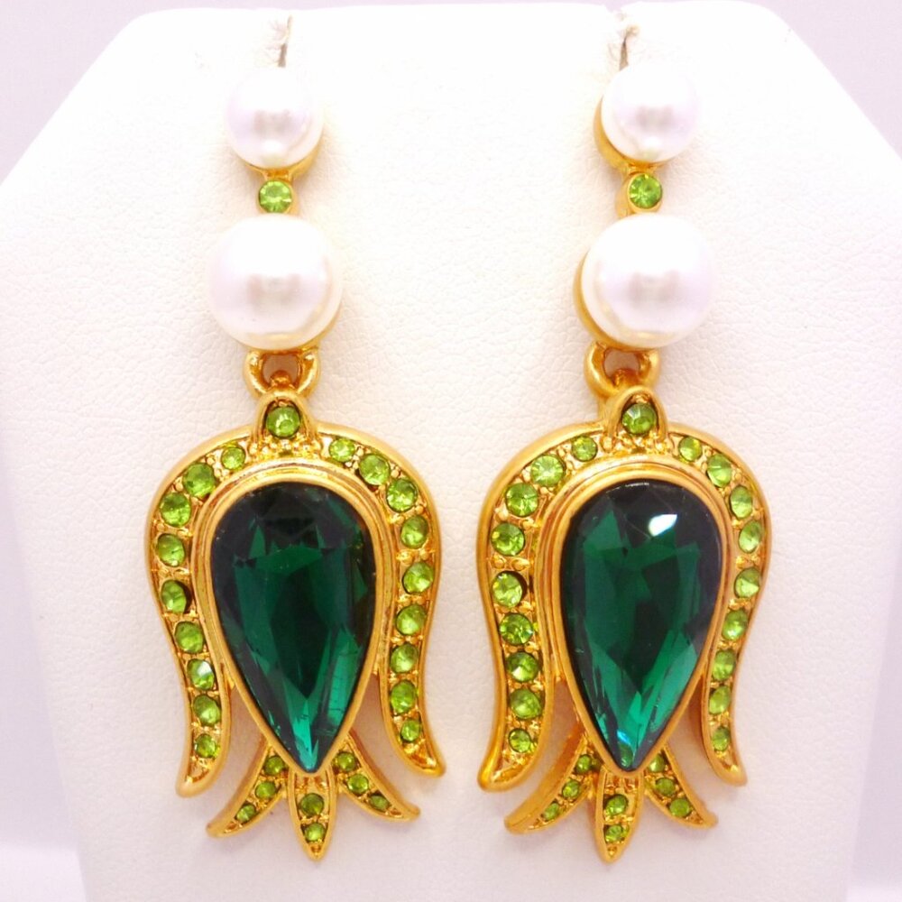 RARE Oscar De La Renta Green Swarovski Crystals, Faux Pearl Earrings USA Perfect
